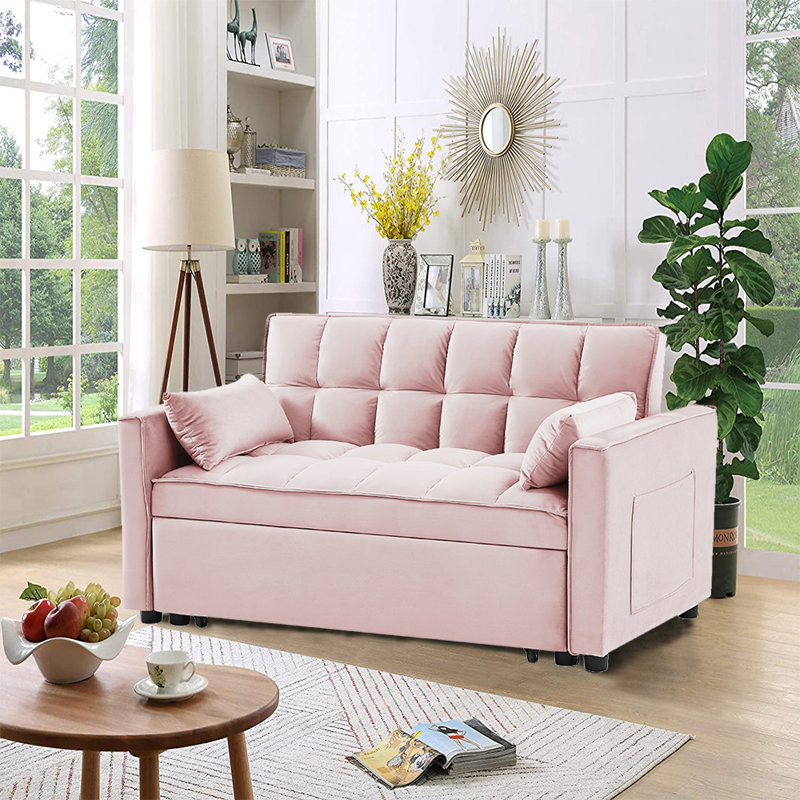 Jashlyn Velvet Convertible Loveseat Sofa Bed for Small Spaces Apartments Mercer41 Size 31.5 H x 55 W x 35 D Fabric Pink Velvet